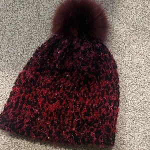 Express Red and Black Sequin Pom Beanie